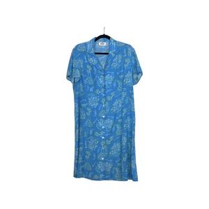 Talbots. Blue Green palm tree Tropical Print Button Down Short Sleeves Dress M